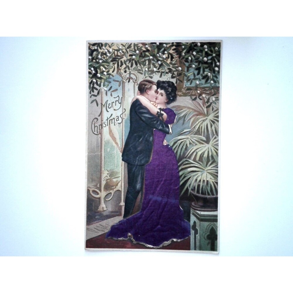 Vintage Merry Christmas Kissing Couple Mistletoe Postcard Made in Germany Silk